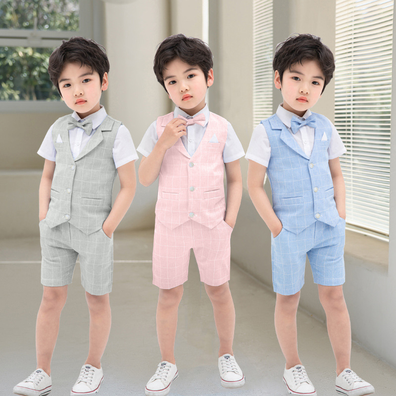 夏季新款童套装批发宝宝纯色格子小马甲礼服三件套六一儿童