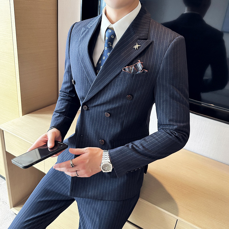 【1461人收藏】新郎双排扣西装男套装修身商务休闲高级感礼服男士