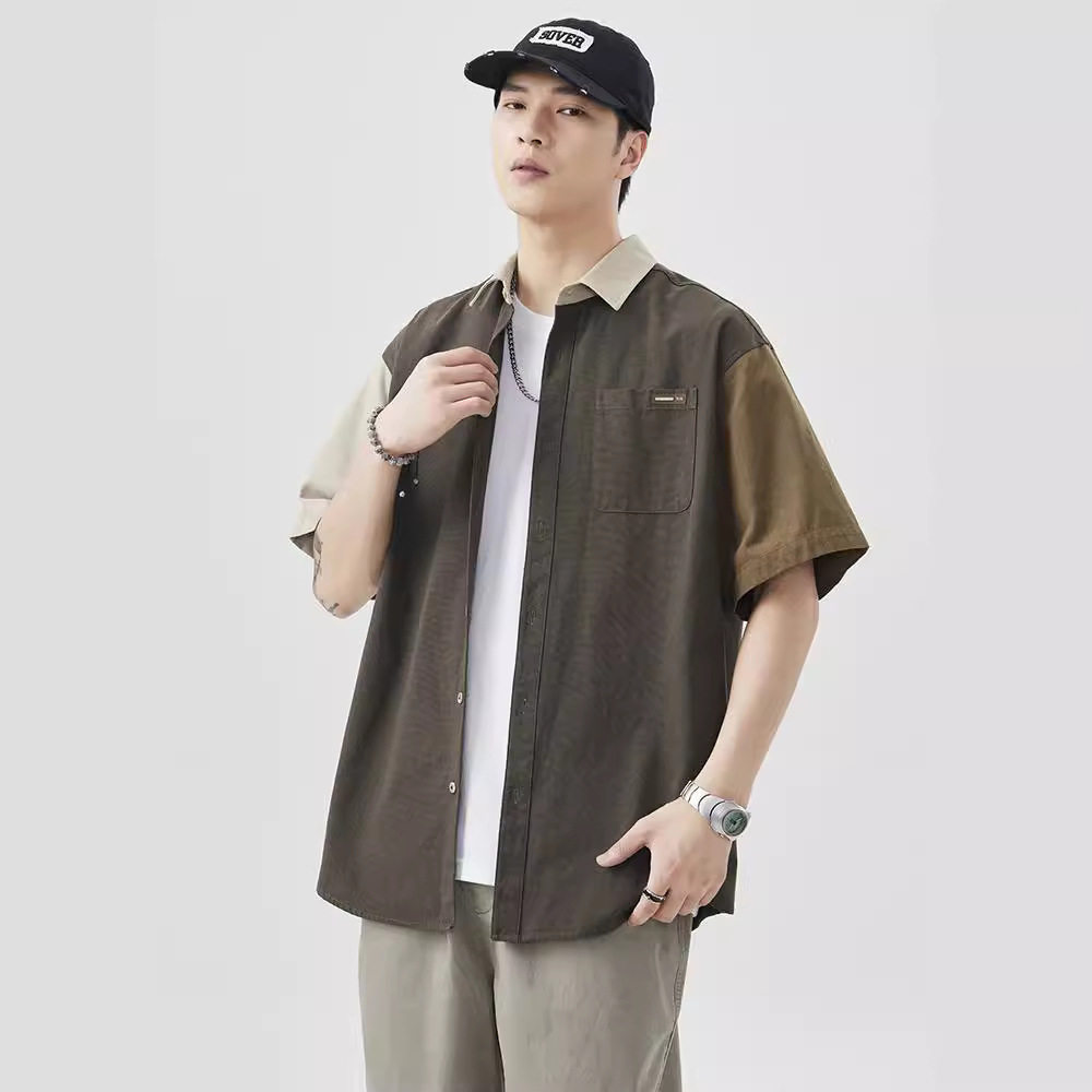 高级感衬衫短袖男夏季棉美式复古潮牌设计感拼接日系慵懒风衬衣