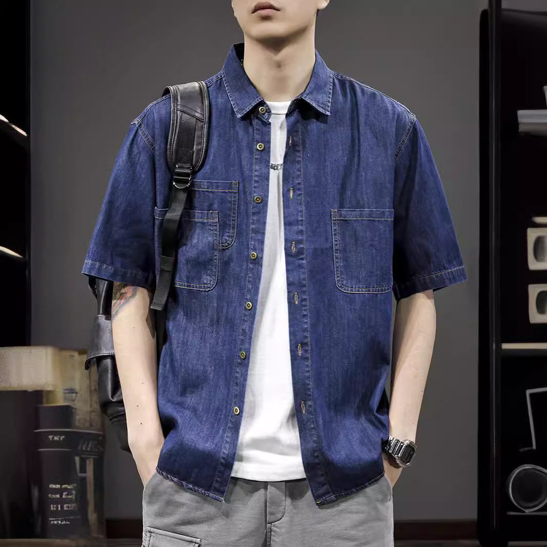 夏季新款设计感口袋短袖牛仔衬衫男美式休闲工装潮流宽松衬衣