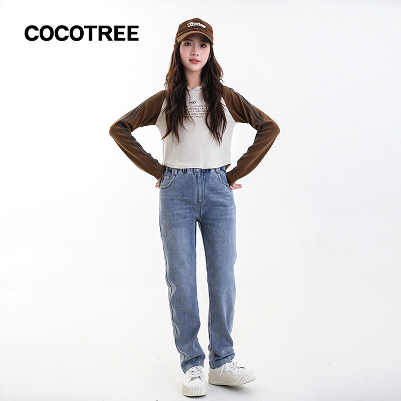 COCOTREE棵棵树冬季女大童加绒牛仔长裤显瘦版百搭小直筒长裤