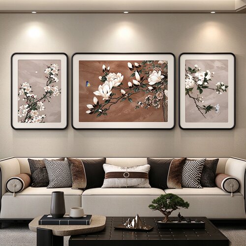 新中式玉兰花客厅装饰画寓意好花卉沙发背景墙挂画中古风三联壁画