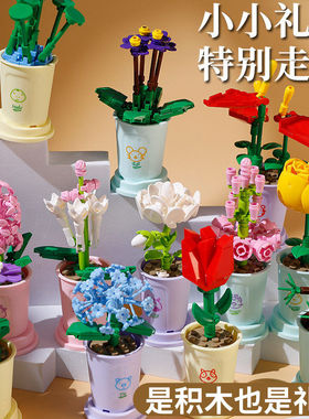 乐乐兄弟积木花系列8814盆栽多肉花束儿童拼装玩具玫瑰花六一礼物