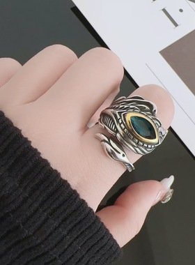 大鹏金翅鸟羽毛戒指男女仿托帕石复古霸气小众高级朋克可调节指环