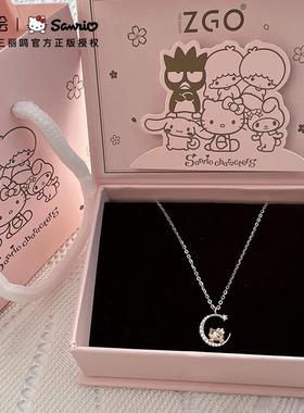 潮色绘三丽鸥HelloKitty纯银项链女小众哈喽kt凯蒂猫秋冬生日礼物