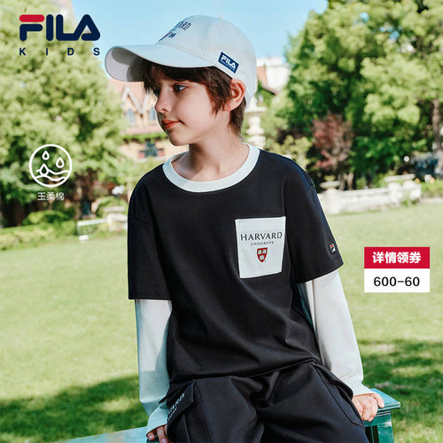 FILA X HARVARD哈佛联名儿童长袖T恤男童2025秋季新款中大童上衣