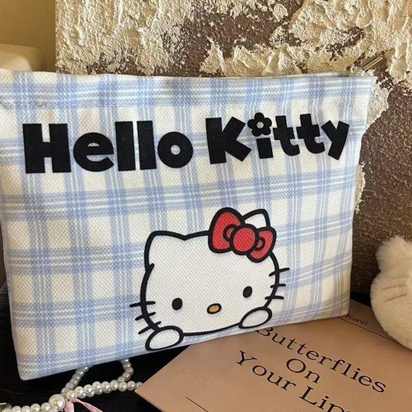 卡通化妆包马卡龙格子高颜值轻奢可爱学生收纳外出kitty手拿包