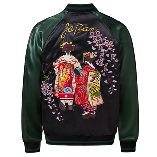 重刺-SUKAJAN重磅刺绣原宿艺妓花魁夹克外套横须贺缎面丝卡将