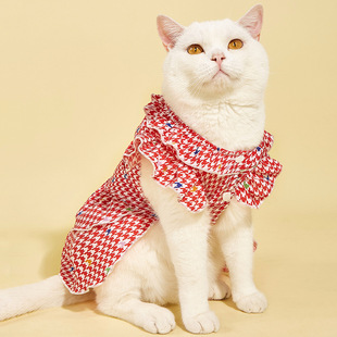 狗狗连衣裙夏季新款ins风宠物衣服红色千鸟格小型犬可爱猫猫衣服