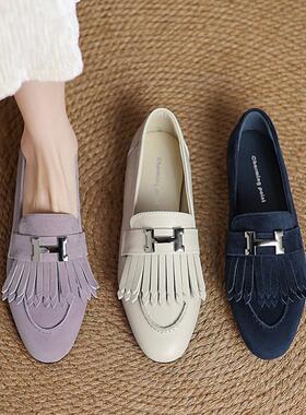 A.D Hepburn~豆豆鞋女款百搭时尚圆头H扣流苏深口单鞋英伦乐福鞋