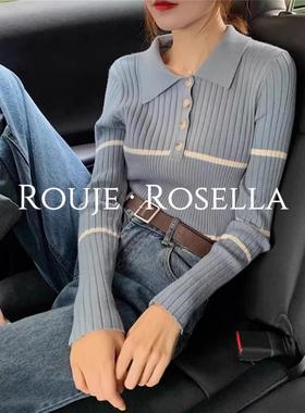 法国Rouje Rosella⭐翻领条纹针织打底衫女春秋内搭显瘦修身上衣