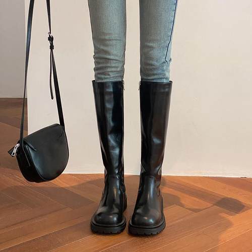 意大利Raraente~ 英伦骑行靴硬筒女高筒靴显瘦直筒靴长靴中跟高跟