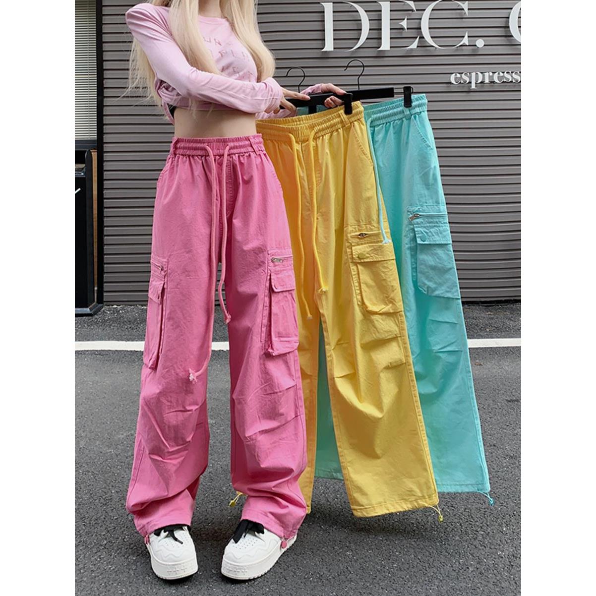 英国Next Road美式多巴胺玫红色工装裤女甜酷风宽松小个子阔腿裤