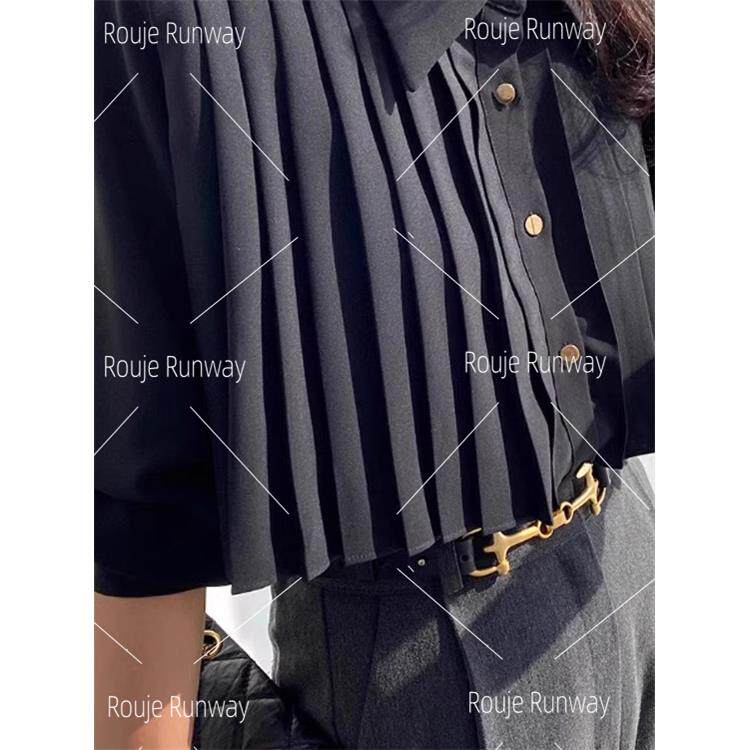 法式Rouje Runway重工POLO压褶黑色衬衫女短款衬衣高腰百搭上衣女