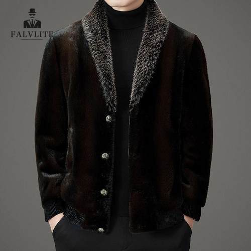 FALVLITE秋冬季夹克仿水貂绒大衣男加厚保暖皮草水波纹金貂绒外套