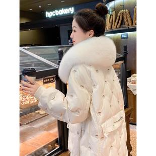 高级感亮面免洗加厚大毛领外套 新款 白鸭绒羽绒服女中长款 2025冬季