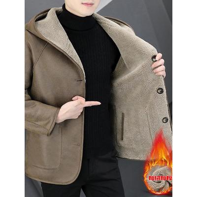 羊羔绒连帽外套男士冬季皮毛一体上衣两面穿彷羊剪绒短款覆古大衣