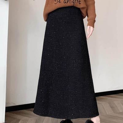 黑色亮片毛呢半身裙女秋冬季新款气质a字裙小个子高腰显瘦长裙子