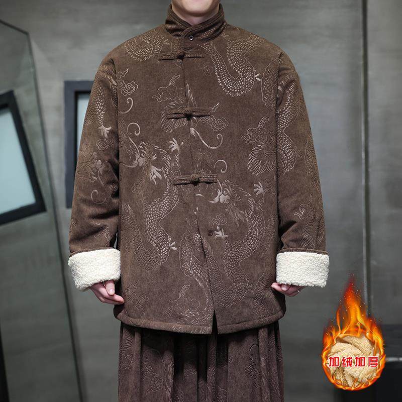 TWG新中式斜襟盘扣唐装男冬季加绒加厚灯芯绒棉服男士羊羔绒外套