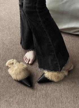 英国Native Road尖头毛毛拖鞋女外穿秋冬千鸟格加绒包头棉拖鞋