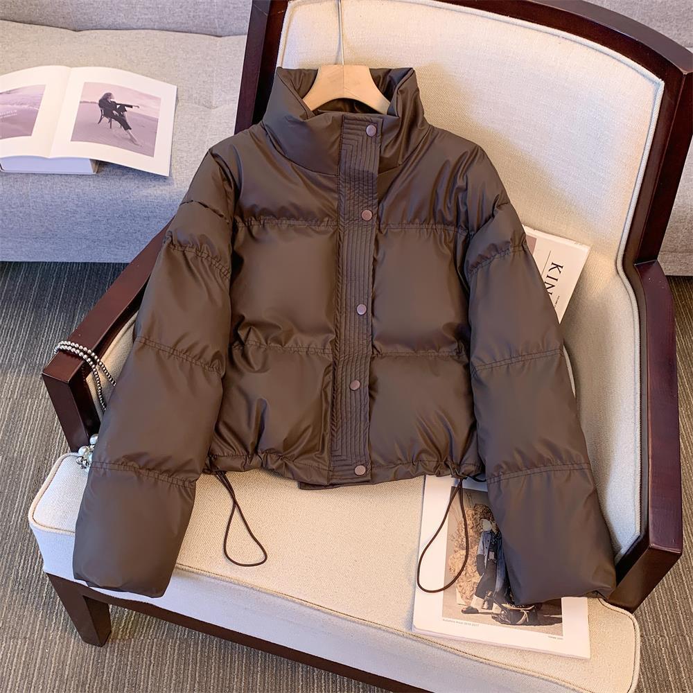 香港微胖mm立领PU皮棉衣棉袄短外套女秋冬新款加厚抽绳保暖上衣潮