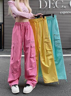 英国Next Road美式多巴胺玫红色工装裤女甜酷风宽松小个子阔腿裤