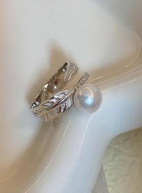 新加坡chomelkinseyS925淡水珍珠戒指羽毛开口食指戒情人节送女友