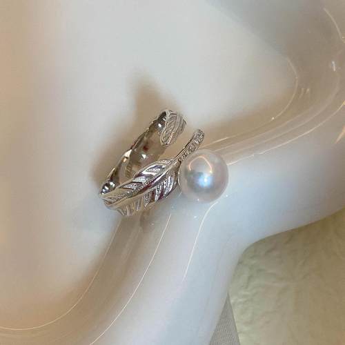 新加坡chomelkinseyS925淡水珍珠戒指羽毛开口食指戒情人节送女友