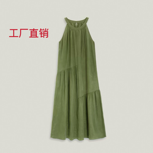 pre漂/ 原厂品质 文艺松绿色 柔滑霜雾质感不对称碎褶背心裙 特