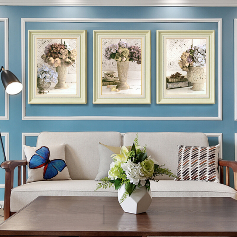 欧式客厅装饰画沙发背景墙挂画卧室餐厅三联画美式田园花卉挂画图片