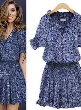 欧美风夏季新款女装蓝色印花V领短袖连衣裙短裙Dress Short skirt