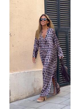 Women Floral Print Maxi Dress Casual Loose V Neck Long Sleev