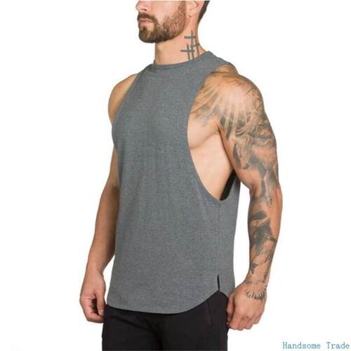 Men vest Fitness Man gym tanktop男低叉背心健身无袖纯棉Shirts