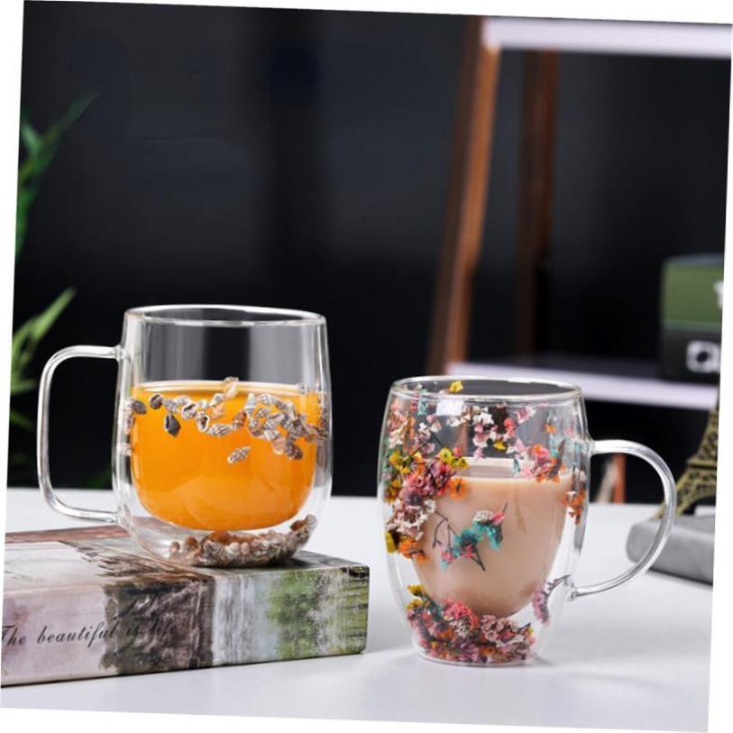 Creative Double Wall Glass Cup Real Flower Conch Flash Fille