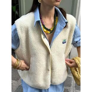 Vests Wool Loose Women Pocket Breasted Single Lamb Chic