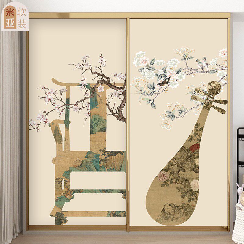 新中式山水玄关宋代美学装饰挂画玻璃拉门衣柜门贴纸壁画墙贴膜