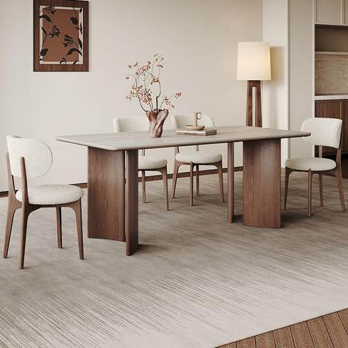 北欧实木岩板餐桌长方形客厅小户型2024新款白蜡木中古风洞石餐桌