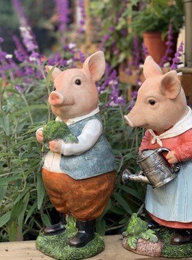 精选花园杂货户外庭院摆件露台花架创意阳台卡通动物树脂辛勤小猪