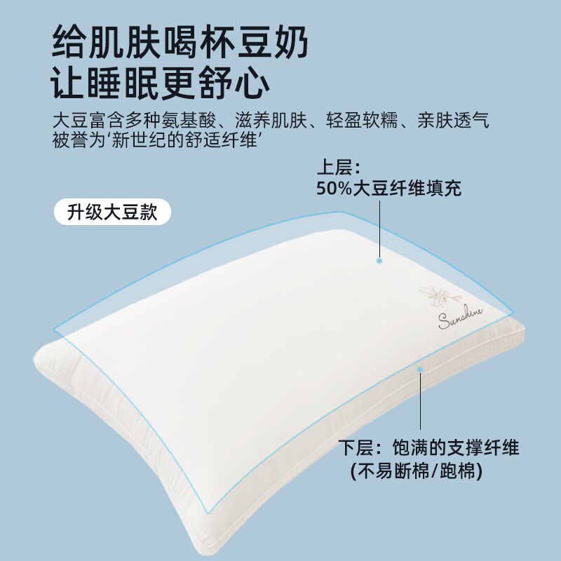 梦兰家纺枕头大豆纤维护颈椎宿舍单只家用全棉抗菌助睡眠枕芯一对