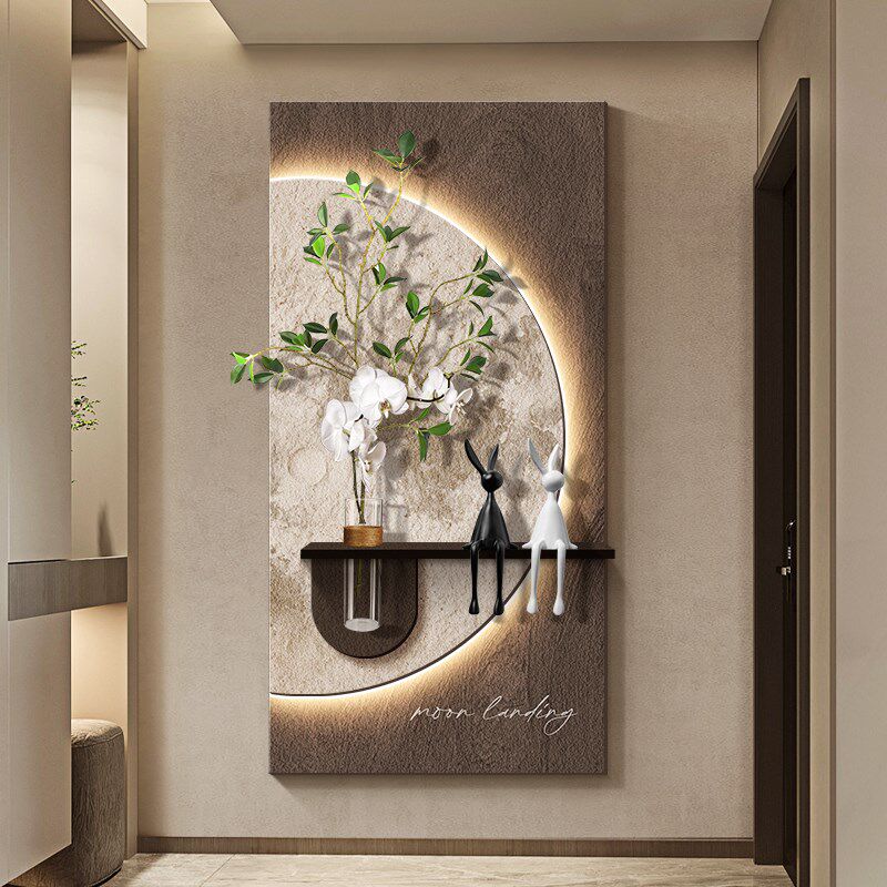 2025新款入户玄关实物立体装饰画花瓶水培绿植砂岩壁灯画高端挂画