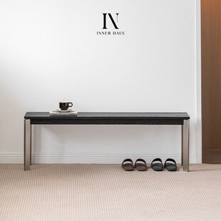 精选现代简约实木长条凳设计师款床尾黑色餐桌长凳子覆古白蜡木床