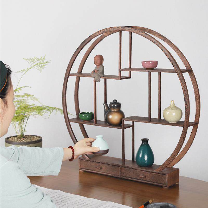 博古架茶具小型展示多宝格阁置物架鸡翅木圆形实木茶架子紫砂壶架