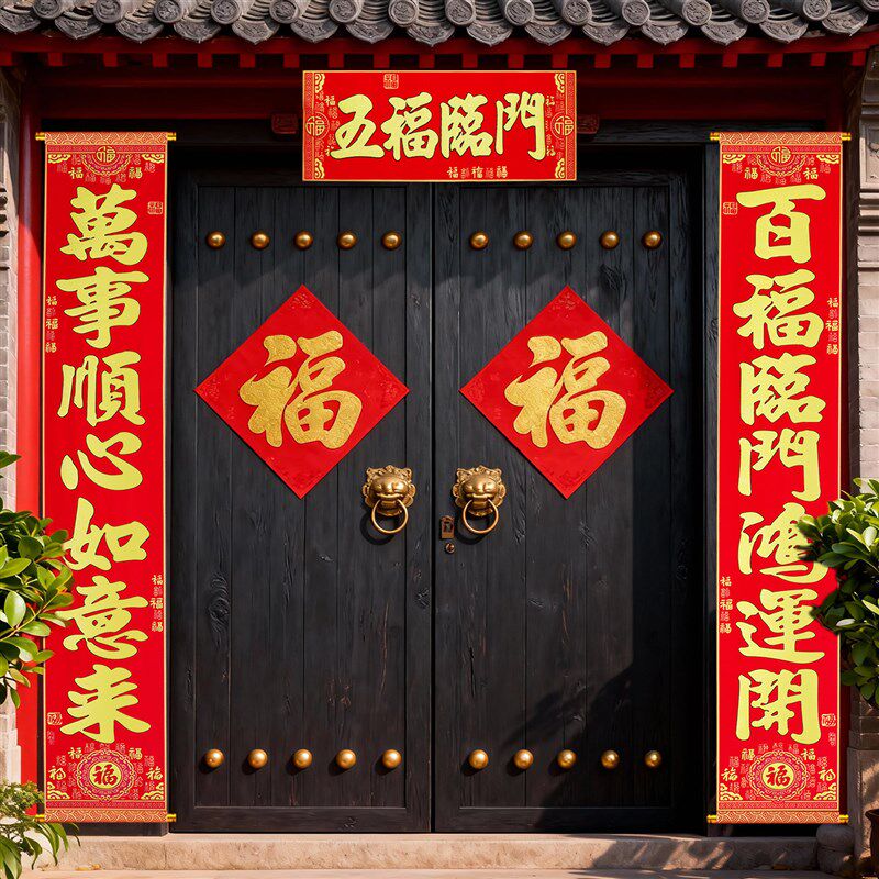 挂轴对联高档绒布挂式春联带挂杆大号小号入户门大门挂对联卷轴