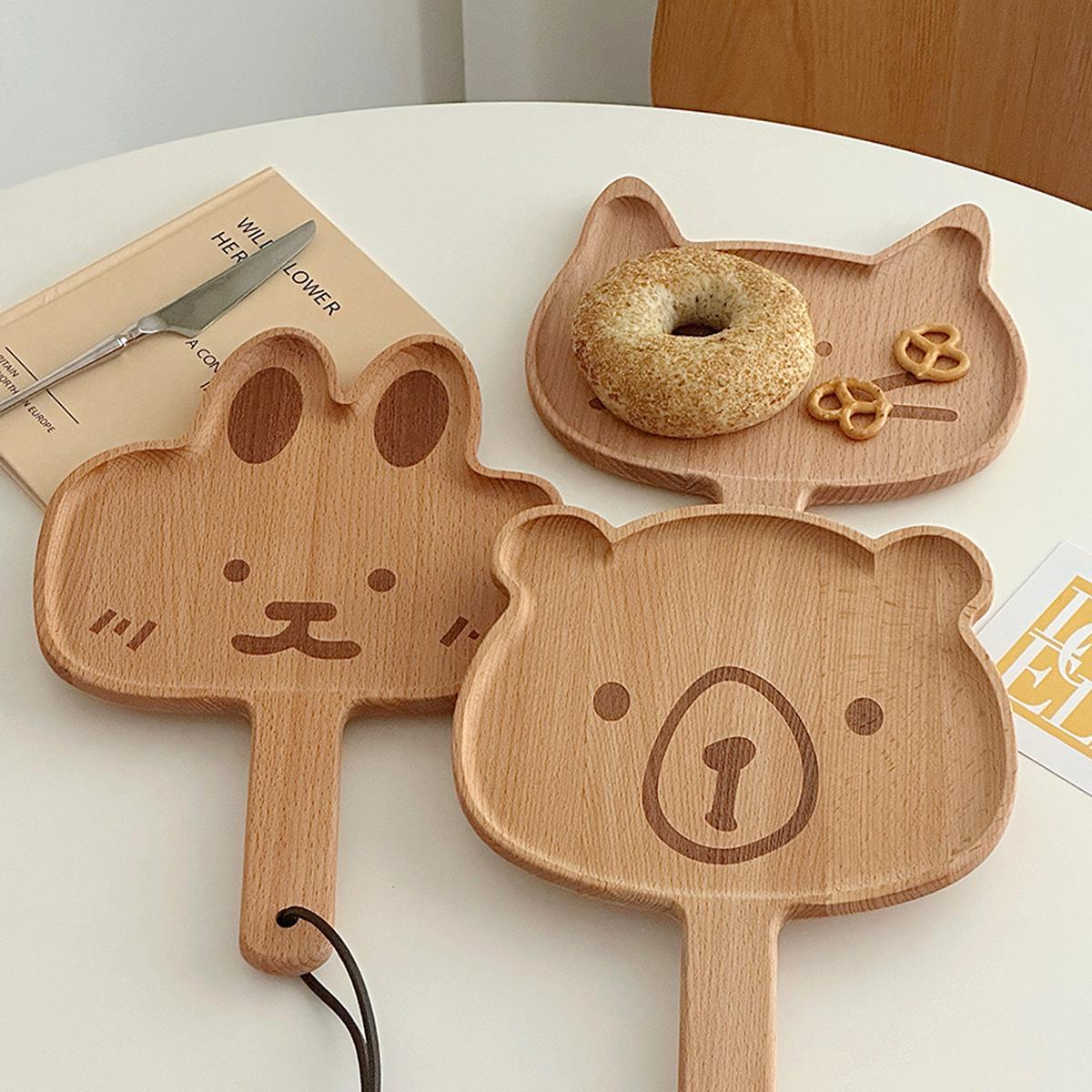 可爱动物派对带把托盘卡通榉木小吃零食盘家用下午茶甜品点心餐盘