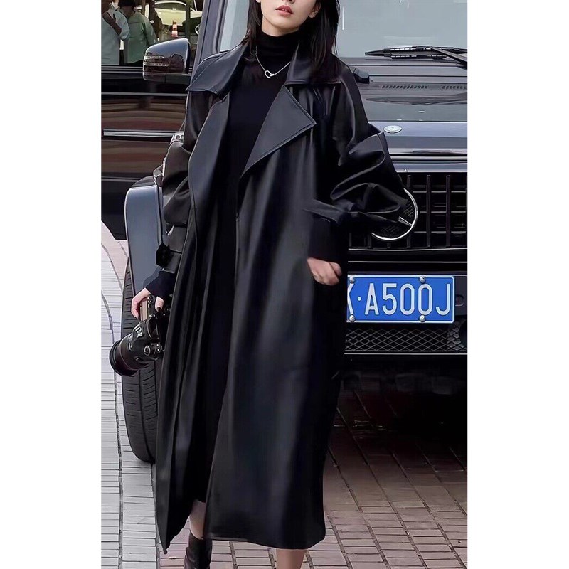 2025新款春秋气质英伦风皮衣风衣外套女长款宽松显瘦皮衣过膝大衣