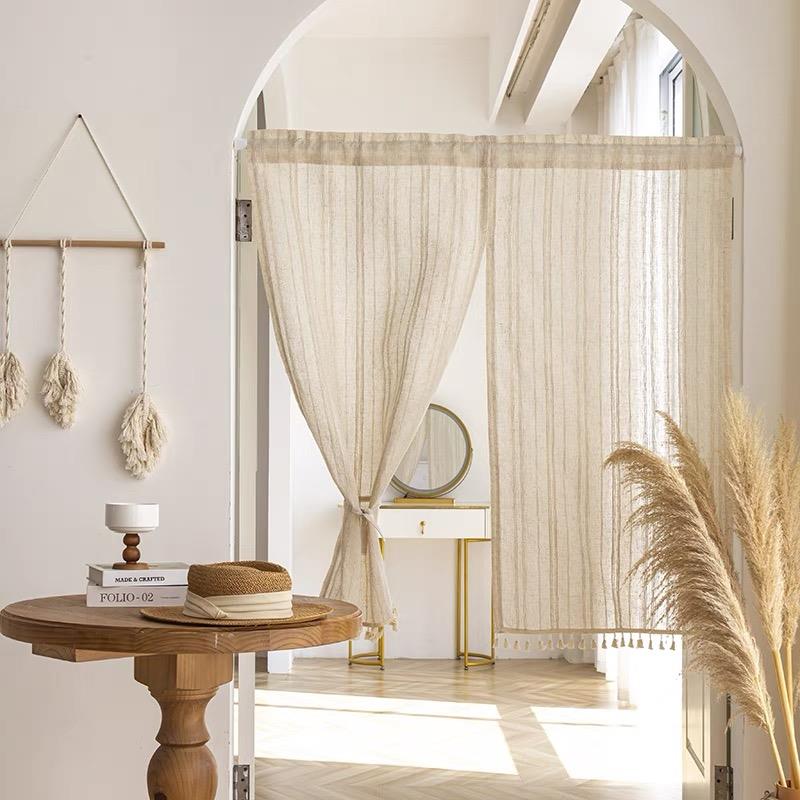 隔断帘门帘棉麻亚麻日式侘寂风免打孔门帘布艺卧室隐私厨房隔纱帘