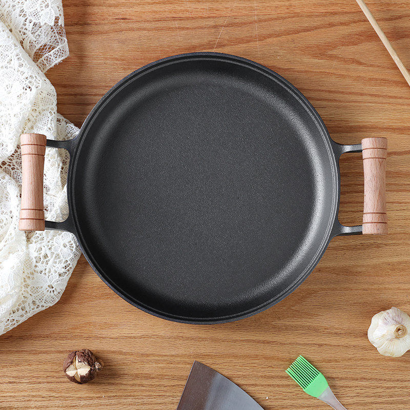 精选木柄平底煎锅家用无涂层烙饼锅水煎包专用生铁鏊子摊煎饼果子