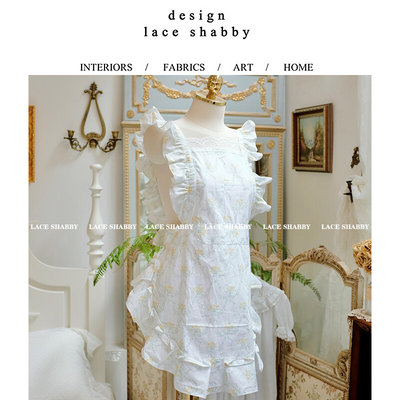 LACESHABBY新款法式复古风格白色纯棉碎花荷叶边家居服围裙
