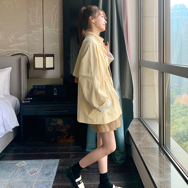 黄色工装风衣外套女春秋2024新款韩系宽松小个子抽绳收腰显瘦夹克,女装风衣,浙宝192（原082）
