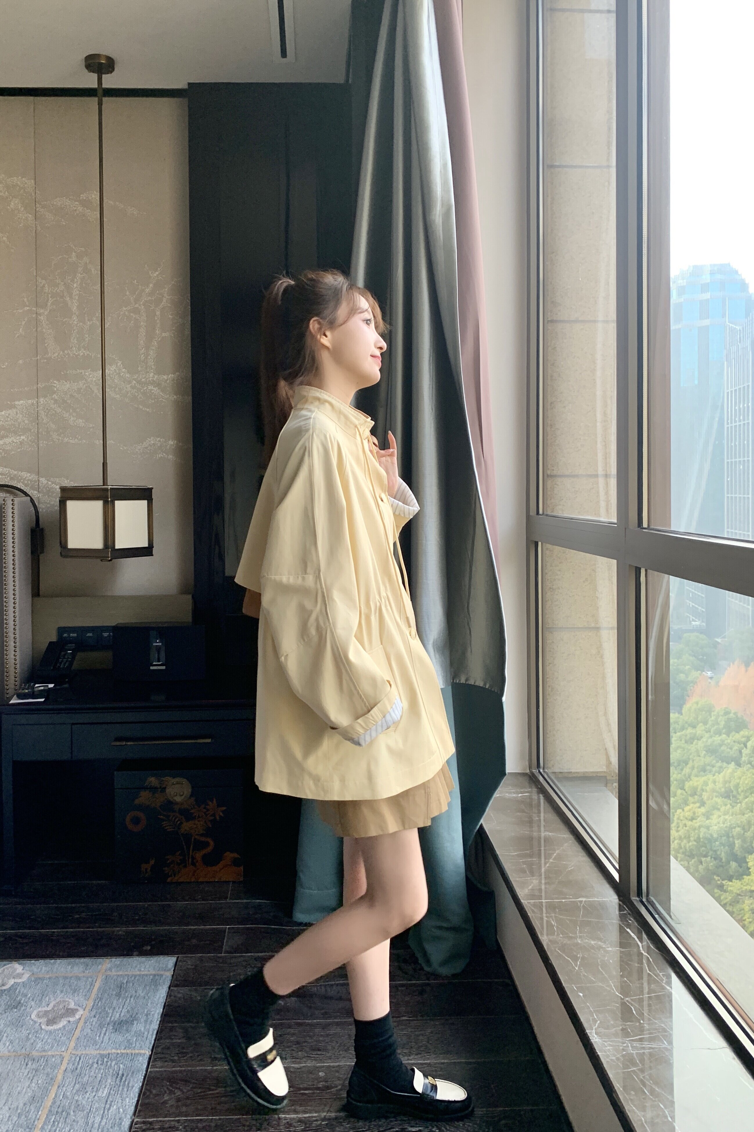 黄色工装风衣外套女春秋2024新款韩系宽松小个子抽绳收腰显瘦夹克,女装风衣,浙宝192（原082）